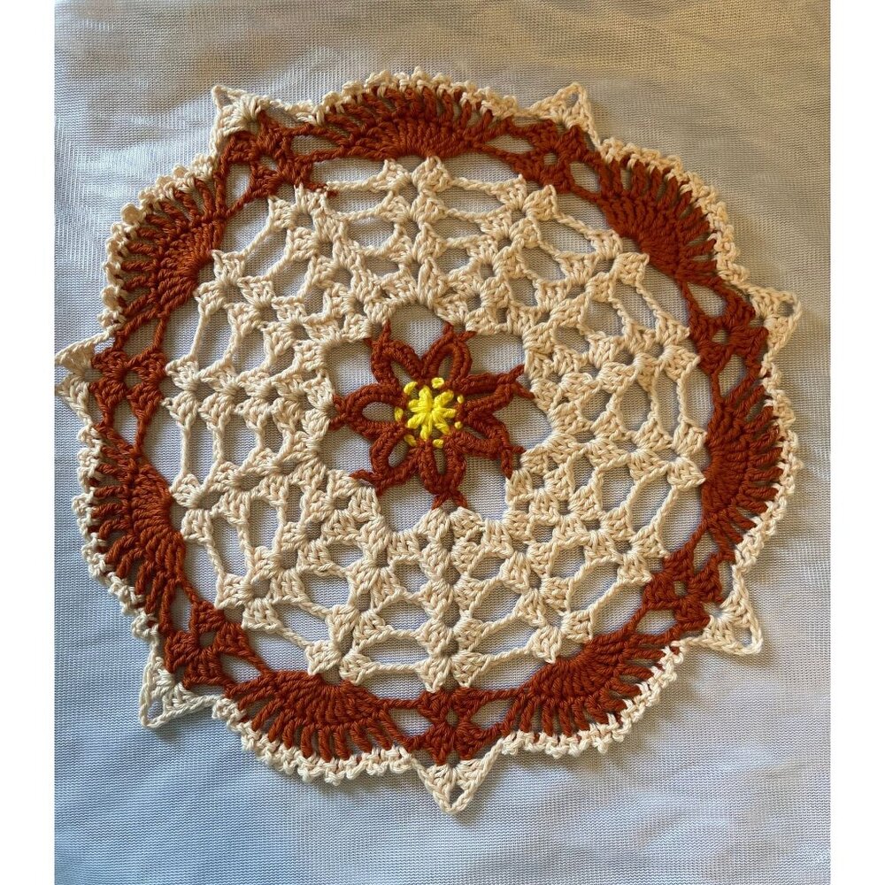 Papaya Fanfare Doily 11 " Made by Certified Master of Stitches in Smoke free hm